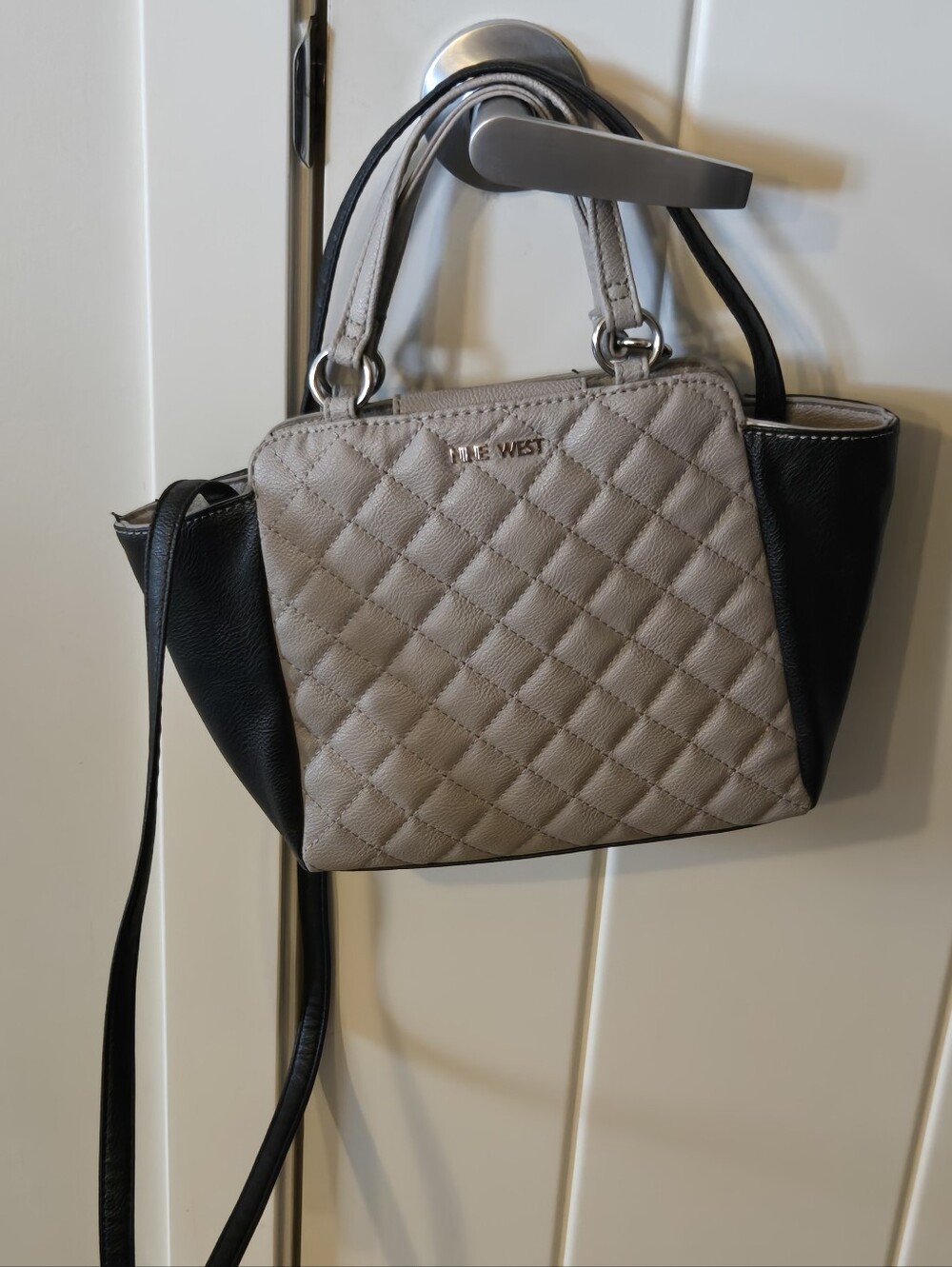 Nine West Quilted Taupe Front with Black Side Panel Small Purse